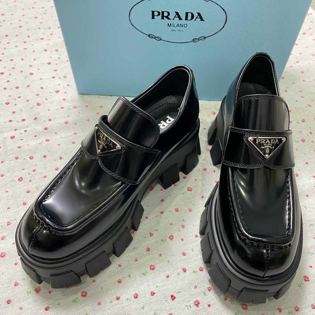 Authentic Prada Black Leather Loafers - Iconic Triangle Logo W